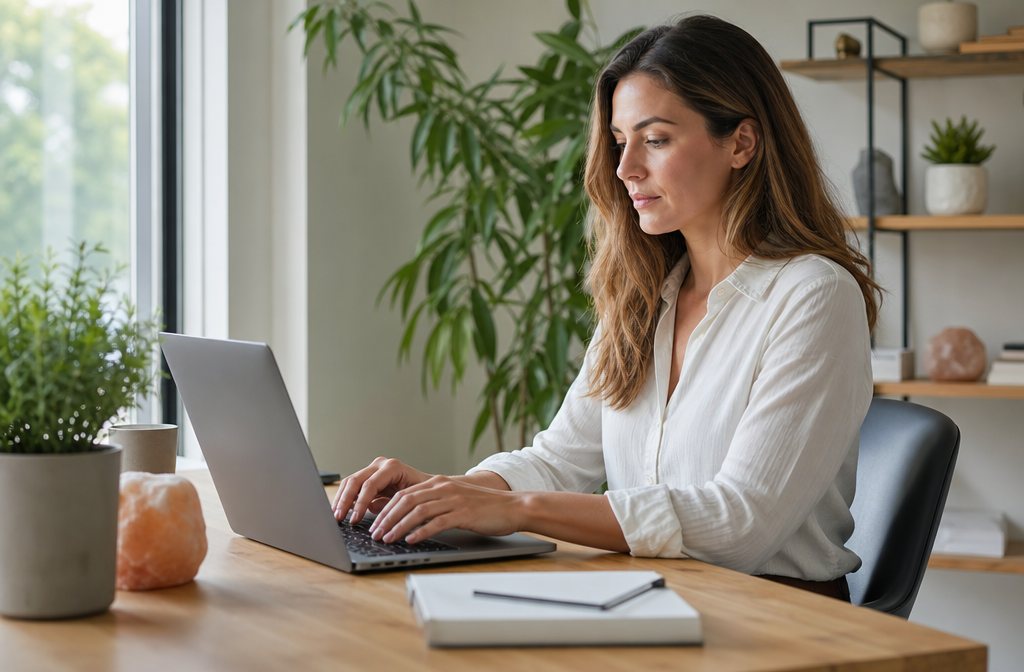 Une femme assise bien droite à son bureau, travaillant sur un ordinateur portable dans un intérieur lumineux