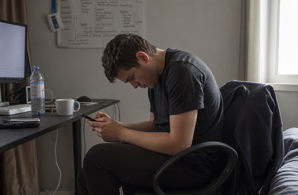 Un homme avachi, épaules voûtées, penché en avant sur son téléphone à son bureau